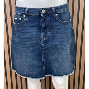 DKNY Women's 10‎ Blue Skirt Denim Cotton A-Line Frayed Raw Hem Mid Rise Stretch
